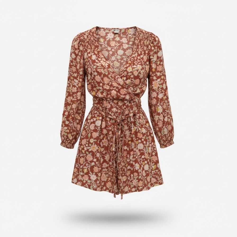 Billabong Rust Floral Wrap Midi Dress - Size Medium